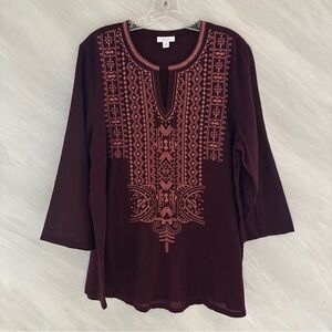 J.Jill Pure Jill Women’s L  Maroon Embroidered Boho Classy Tunic Blouse